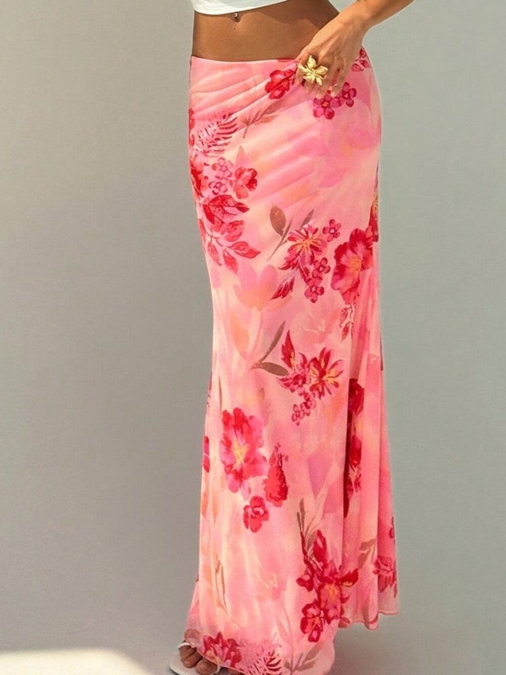 Pink Boho Women's Elegant Floral Print Low Waist Skirt - Picture 4 of 6